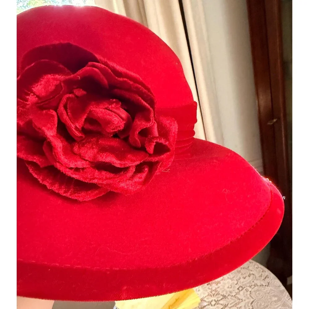 Vintage Red Wool Cloche Hat | Marshall Field’s Scala Wide Brim Floral Accent